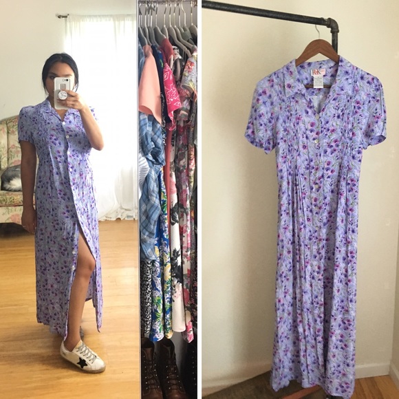 Vintage Dresses & Skirts - Vintage R&K Lavender Floral Button Down Maxi Dress